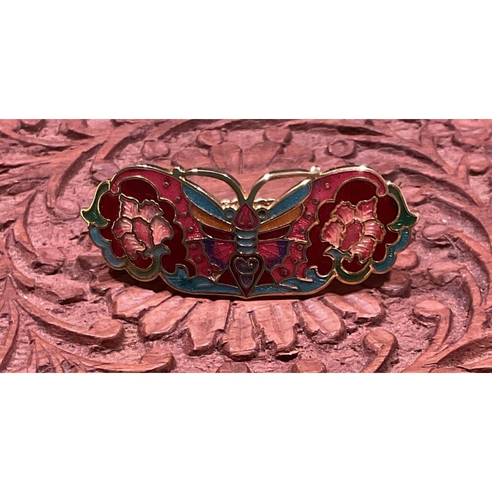 Vintage Cloisonné Butterfly Hair Barrette Gold Tone Colorful Enamel Safety Clasp